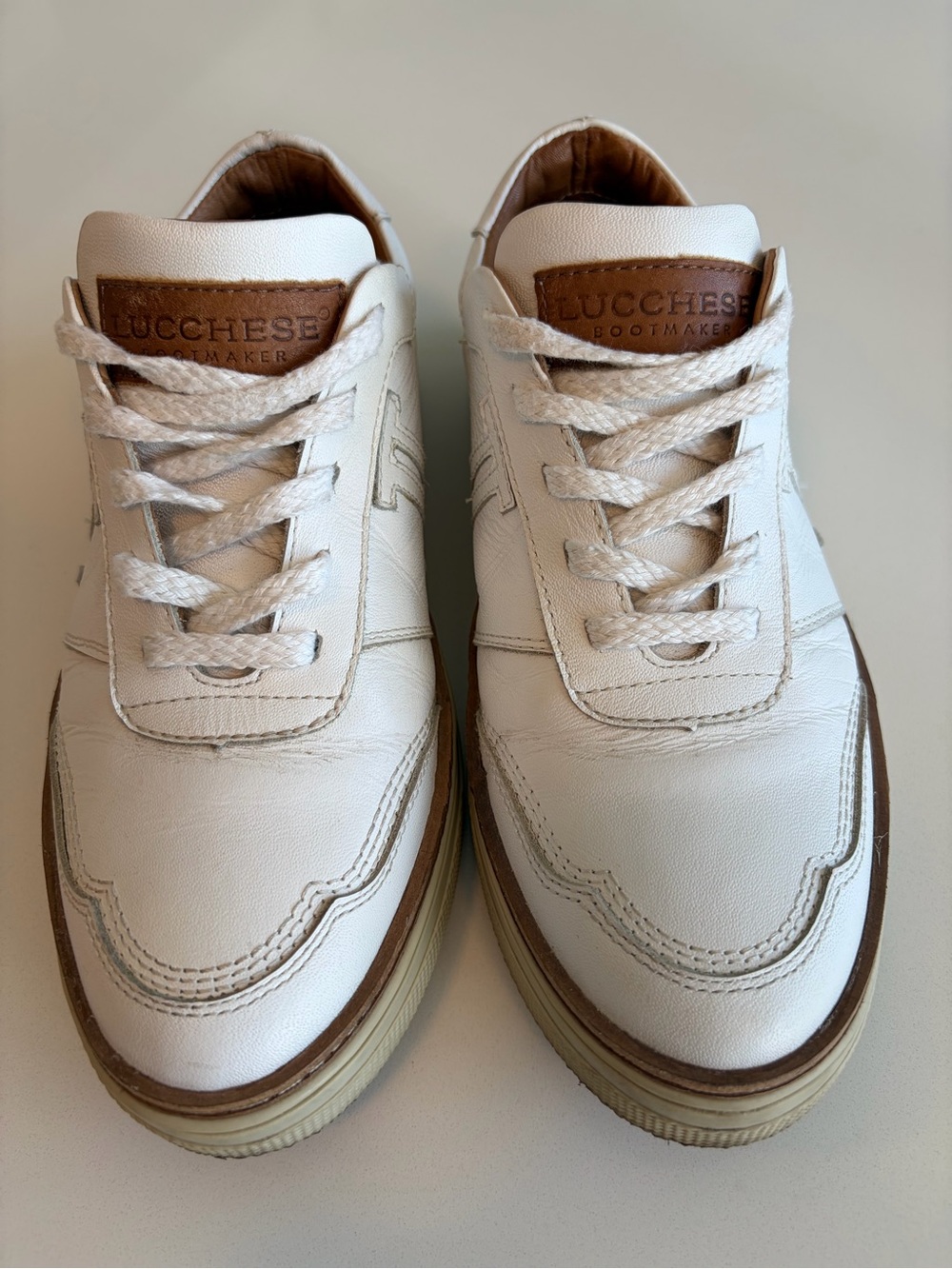 Lucchese Cream-White Leather Sneakers with Brown Accents